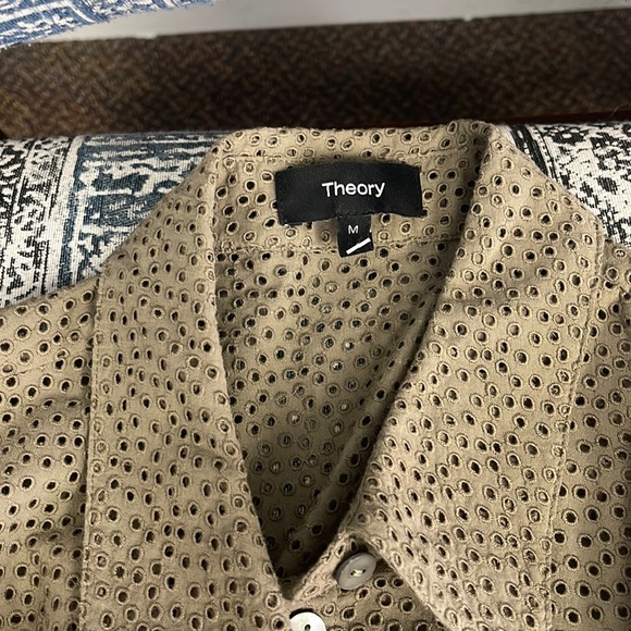 Theory Cotton Eyelet Ruffle Button up Top in Willow Shirt Petite - Picture 3 of 4